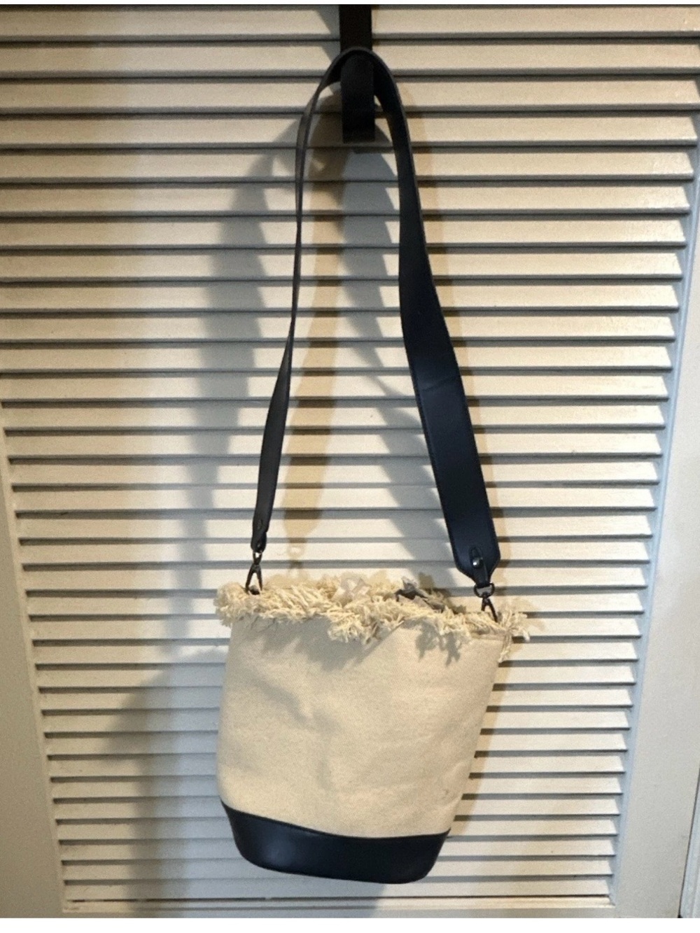 Neiman Marcus Cream Canvas Fringe Bucket Crossbody with Blue Strap